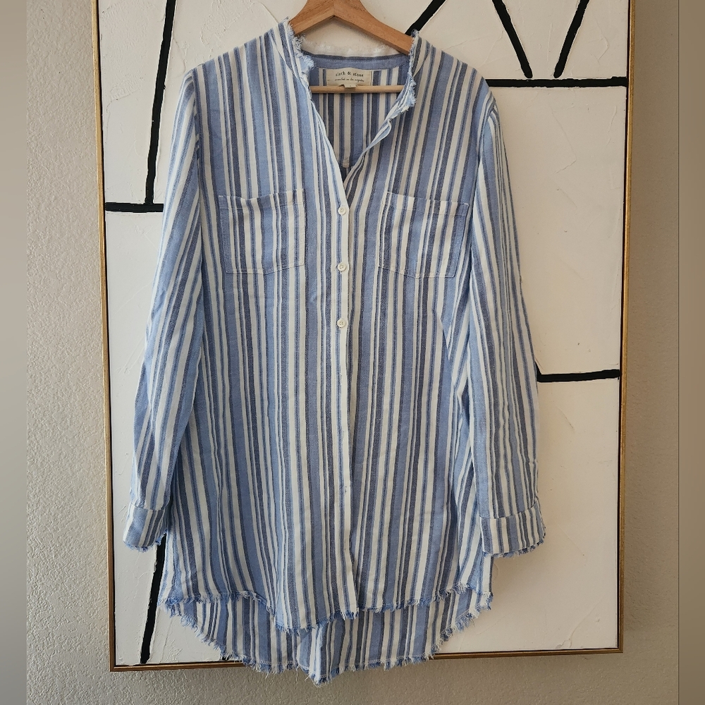 Cloth & Stone Anthropologie Chambray Striped Button Shirt Size Large Linen Blend